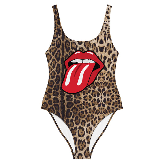 Leopard and Lips One-Piece Scoop Neck Swimsuit- Tonal Leopard