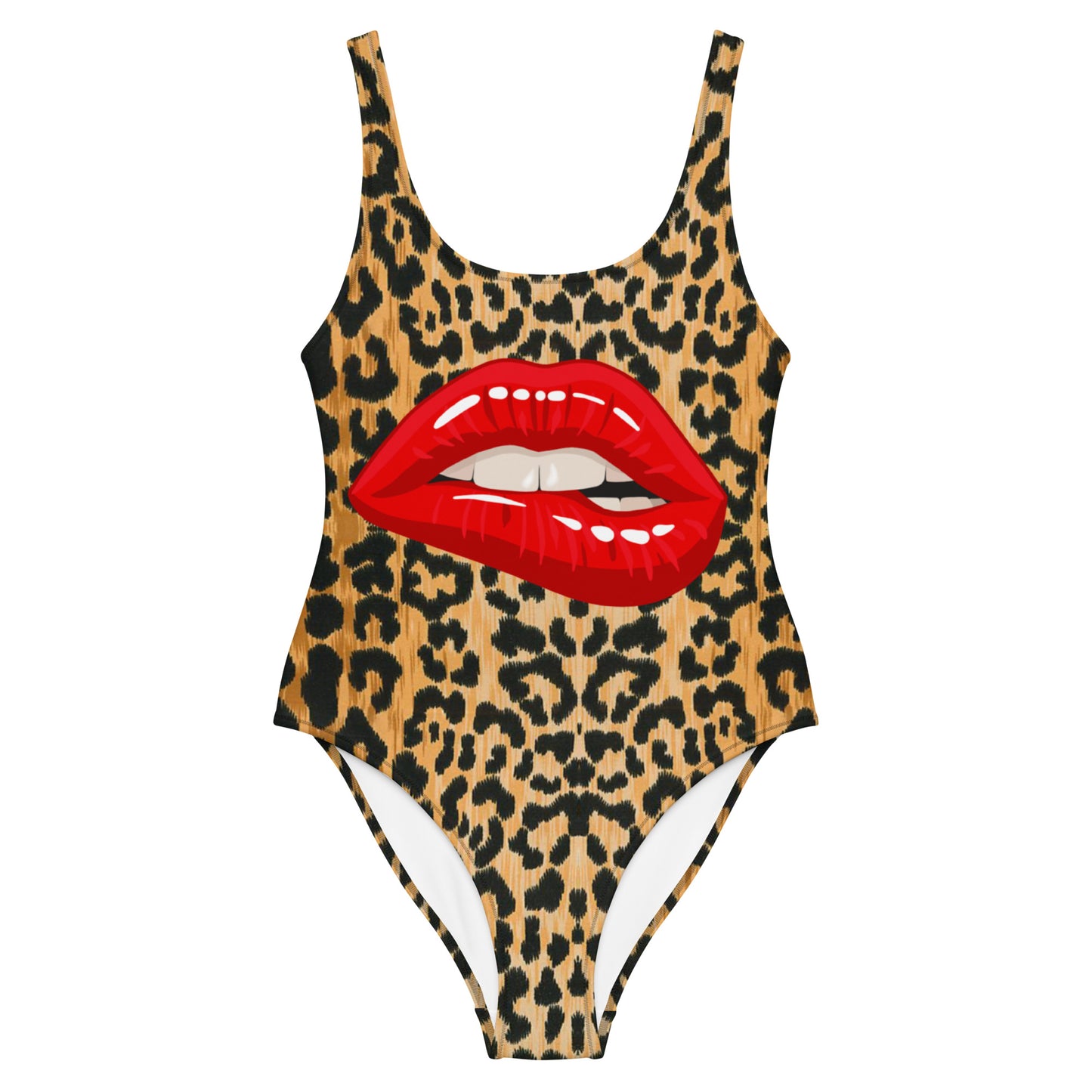 Leopard and Lips One-Piece Scoop Neck Swimsuit- Vibrant Leopard Smooches