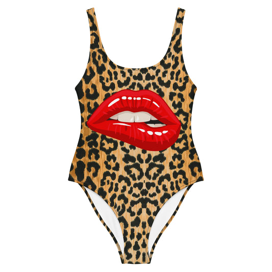 Leopard and Lips One-Piece Scoop Neck Swimsuit- Vibrant Leopard Smooches