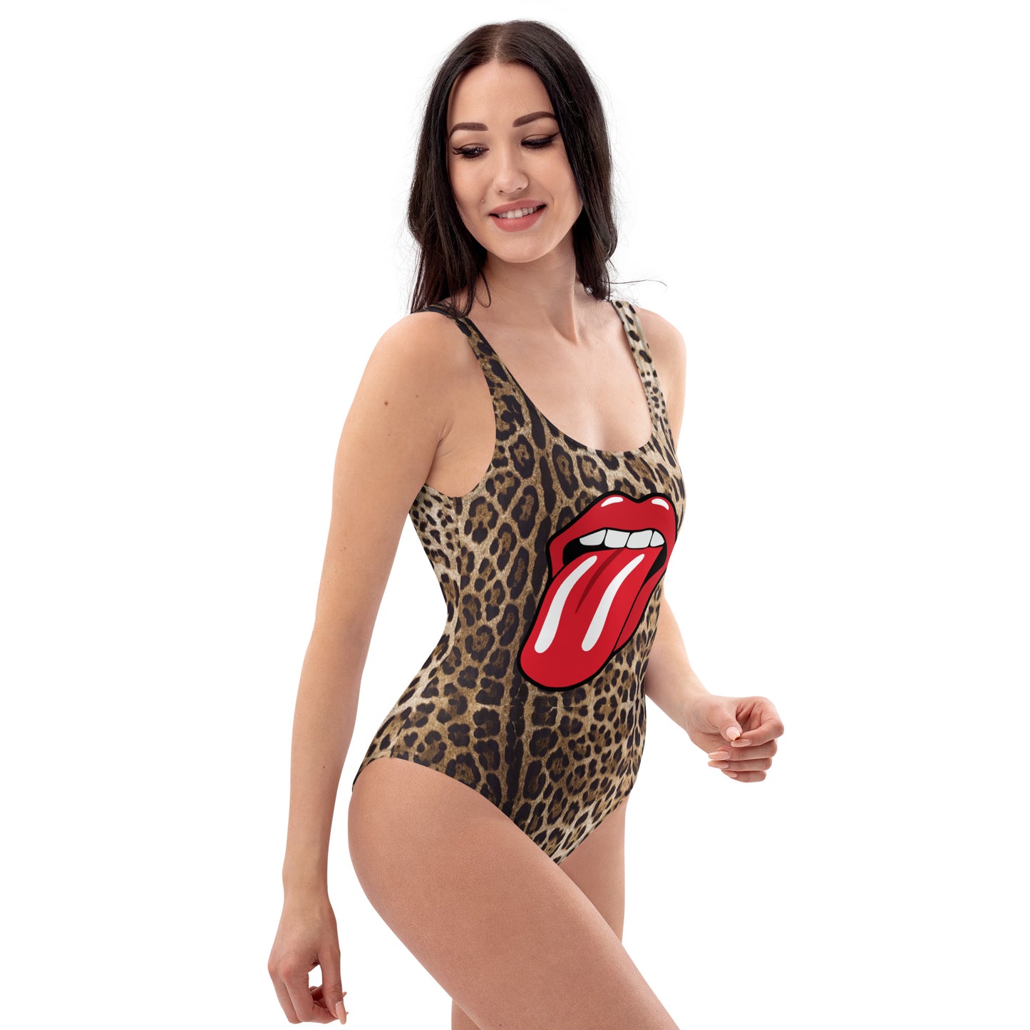 Leopard and Lips One-Piece Scoop Neck Swimsuit- Tonal Leopard