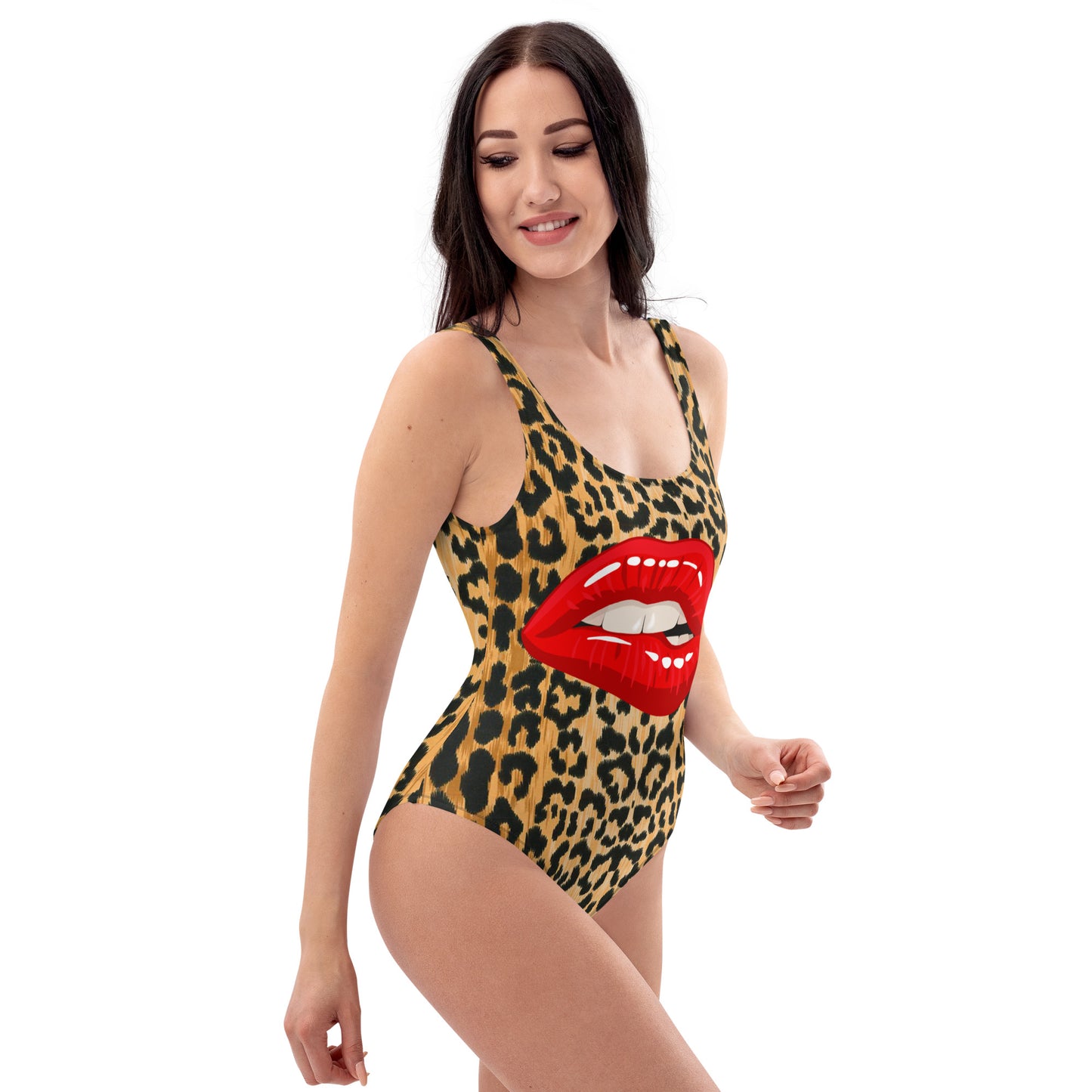 Leopard and Lips One-Piece Scoop Neck Swimsuit- Vibrant Leopard Smooches